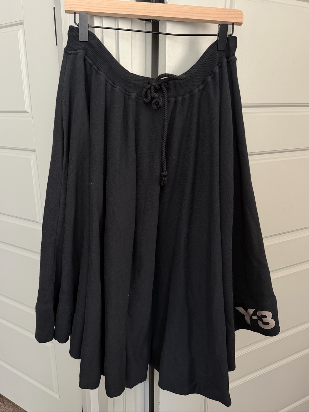 Y3/Adidas Black Cotton Drawstring Waist Flare Midi Skirt